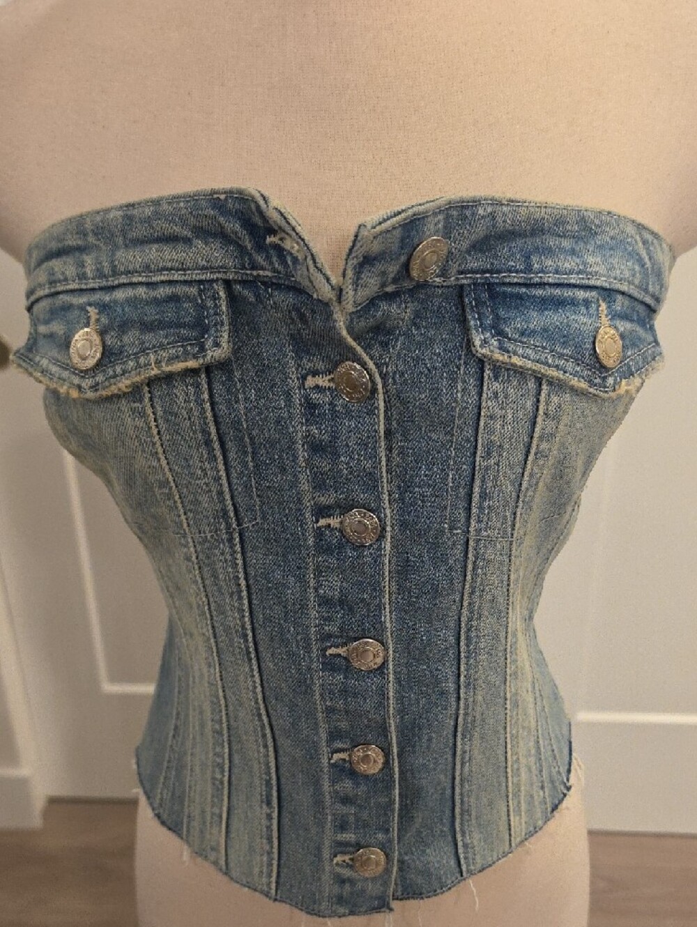 Zara Light Blue Denim strapless Button-Front Corset Top size M new with tags - Picture 7 of 10